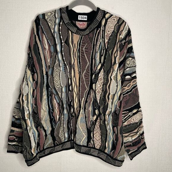 Vintage 80's 3D Coogi Cuggi Biggie Cosby‎ Sweater Cotton Dark Multi-Color Large